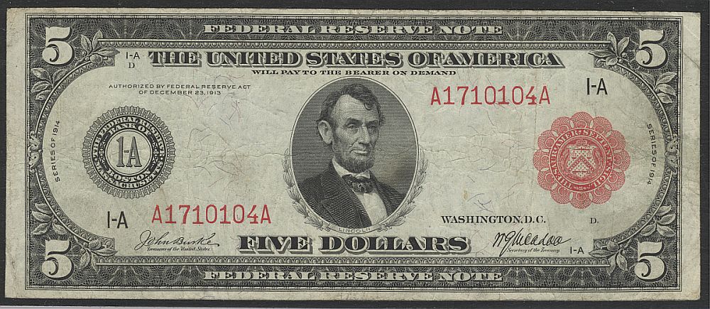 Fr.832b, 1914 $5 Boston FRN (Red Seal), VF [25], A1710104A